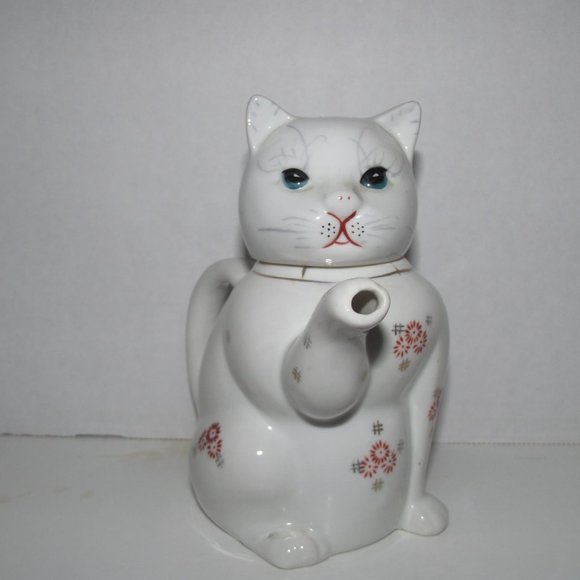 Unknown Other - Oriental Porcelain Cat Teapot White Porcelain with Orange and Gold Design